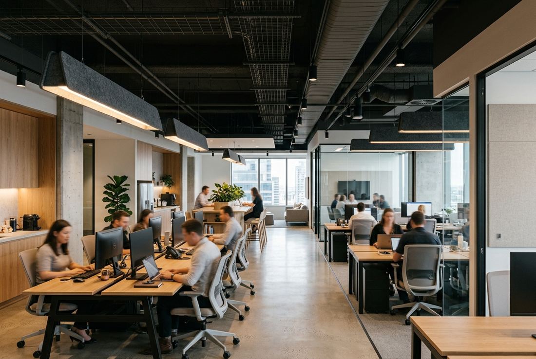 Acoustic pendant lighting in open-plan offices