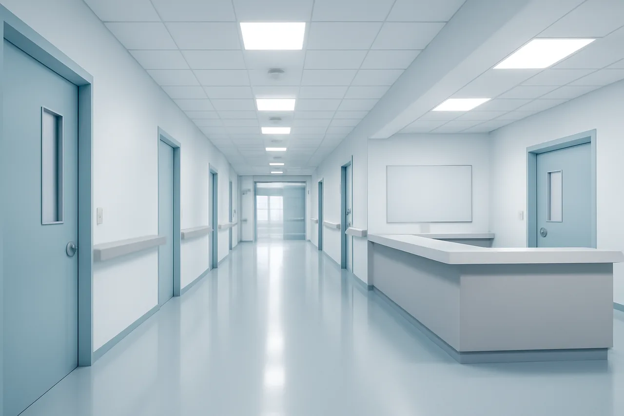 Clinical corridor with ceiling light panels and reception counter