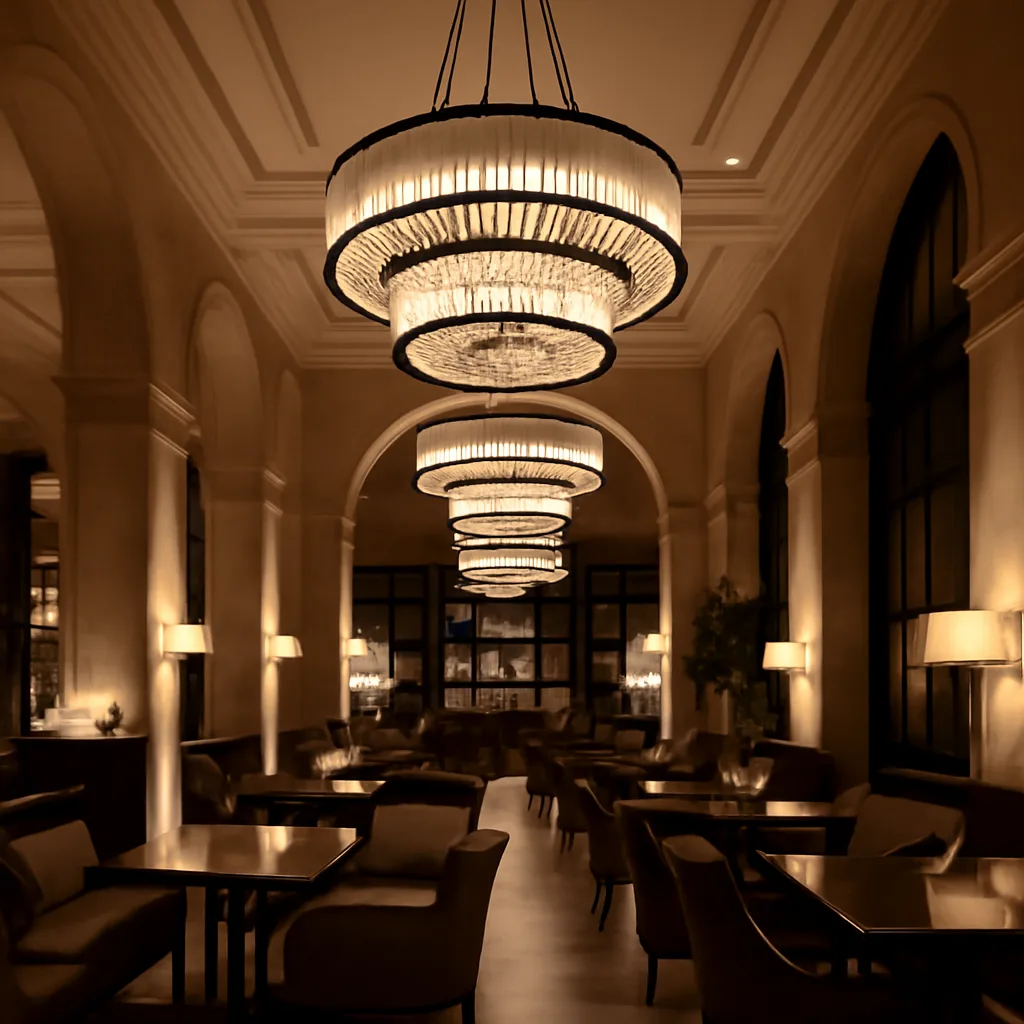 Hospitality dining space with circular decorative pendant lights