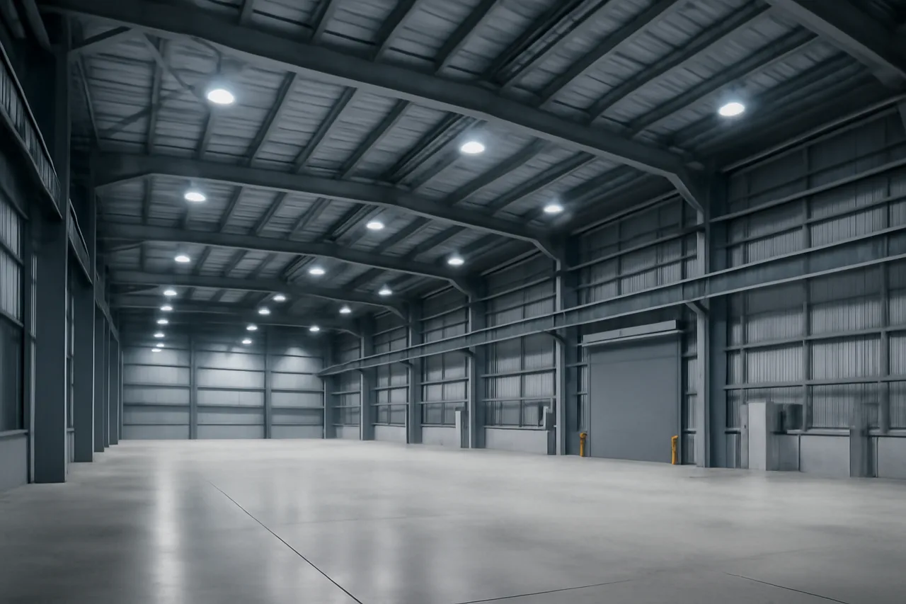 Open industrial building with roof structure and overhead luminaires