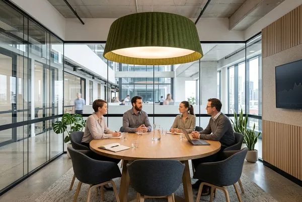 Meeting table beneath a large green pendant in a glazed office