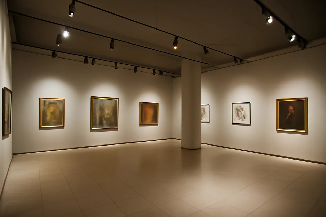 Gallery interior with ceiling spotlights directed towards framed artwork