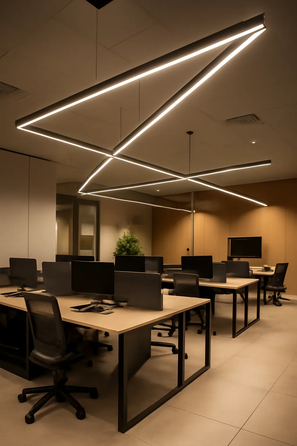 Office desks beneath angular suspended linear lighting