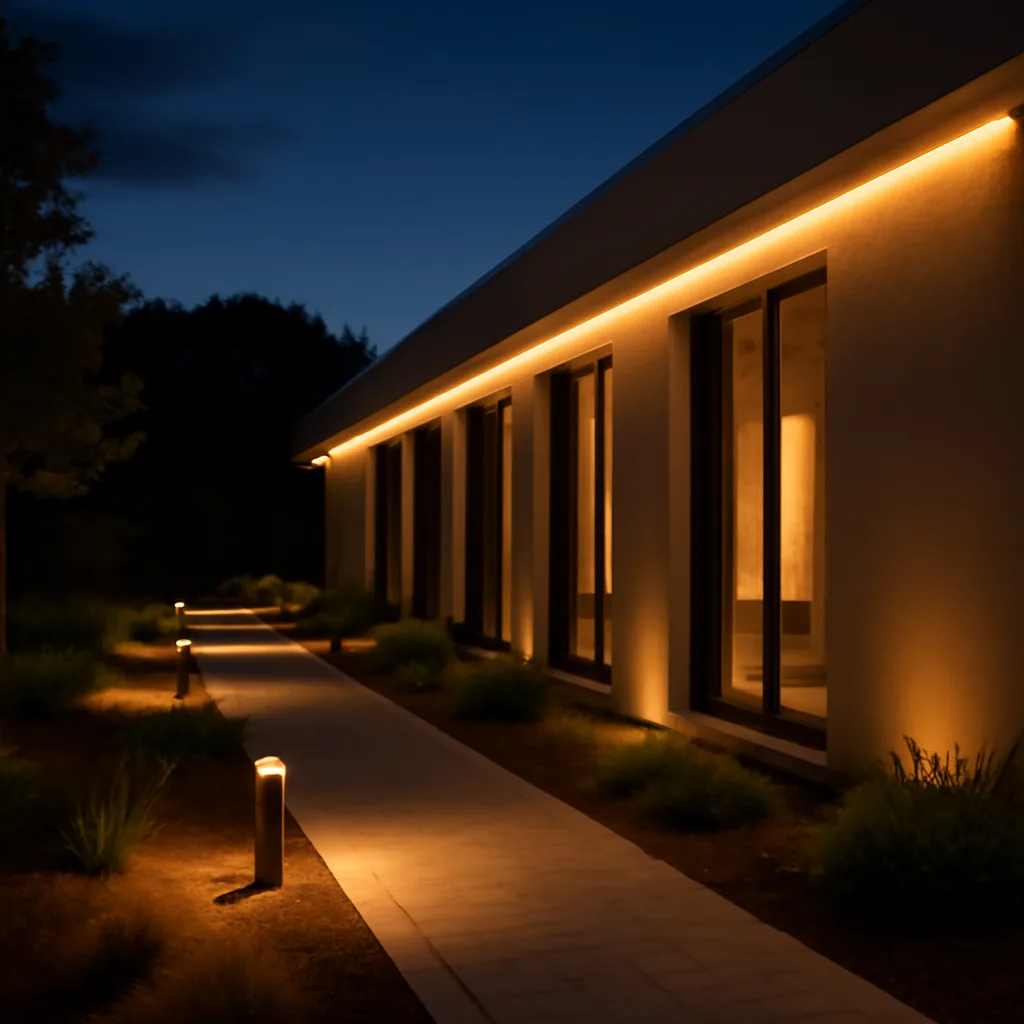 Exterior walkway beside an illuminated building and planted border at dusk
