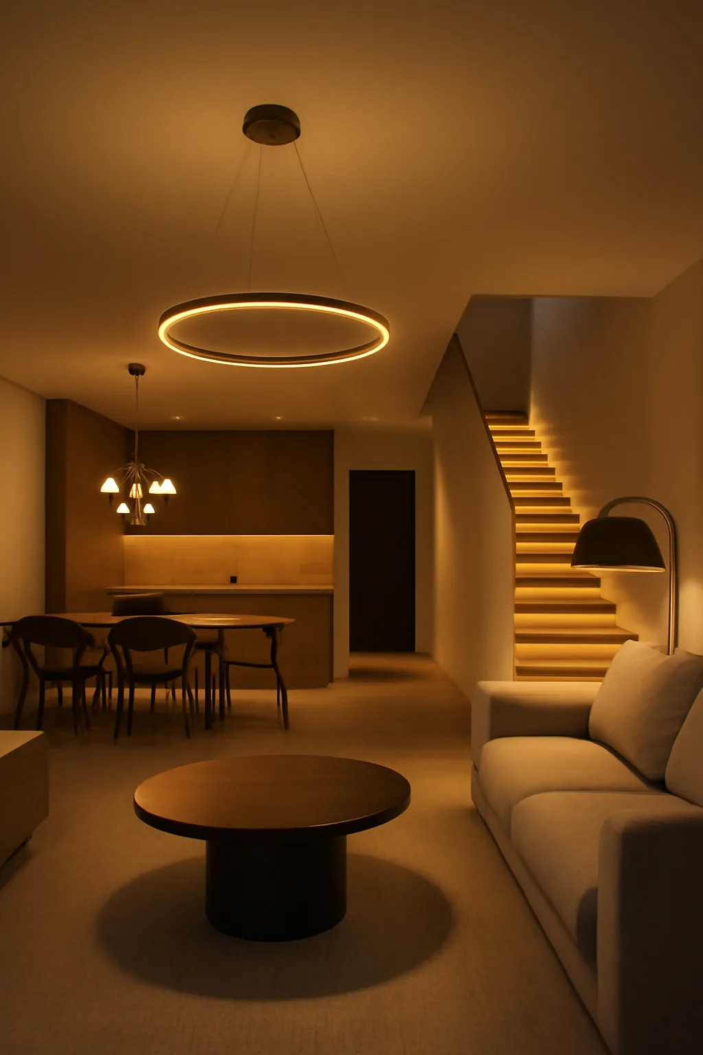 Residential interior with a circular pendant and softly lit stairway