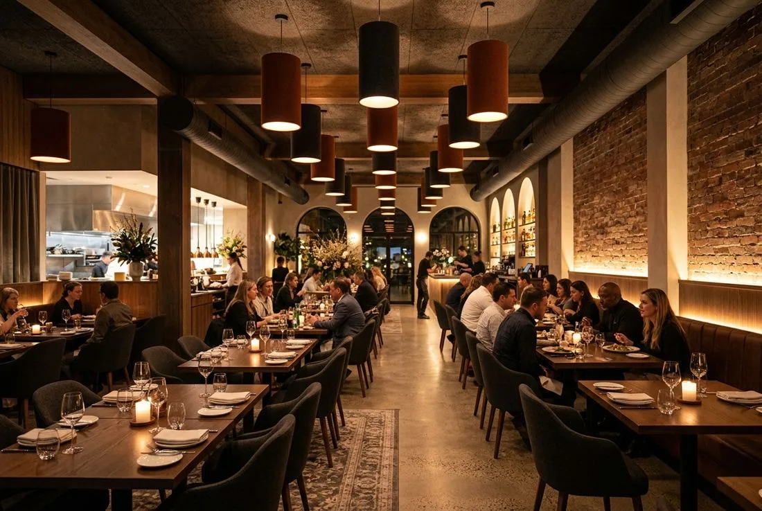 Restaurant with cylindrical suspended pendants above dining tables