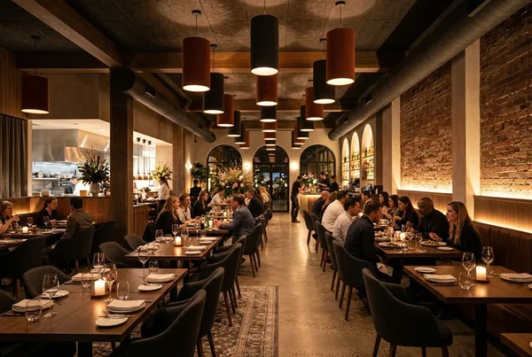 Restaurant with cylindrical suspended pendants above dining tables