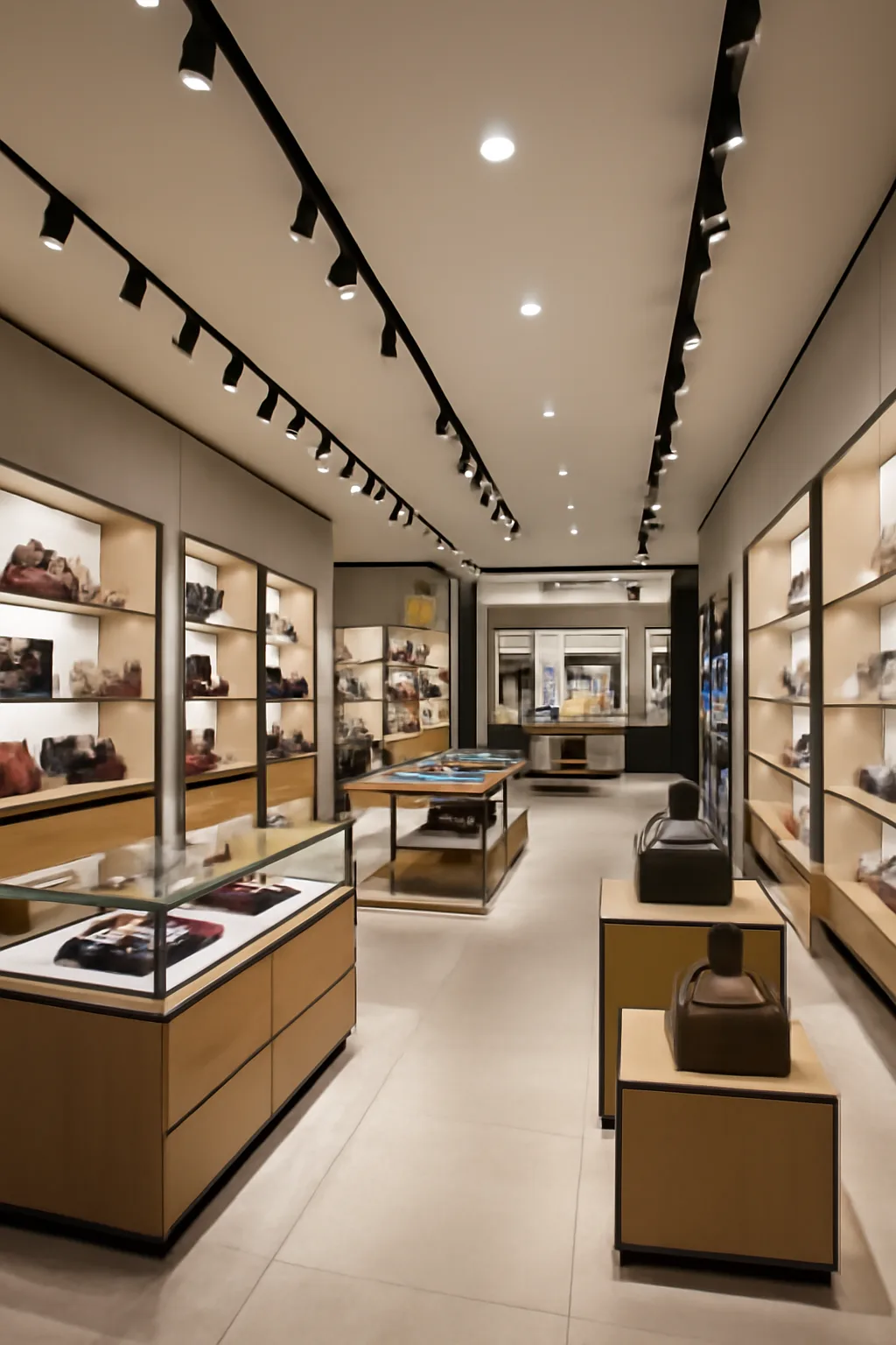 Retail interior with ceiling track lighting above display counters