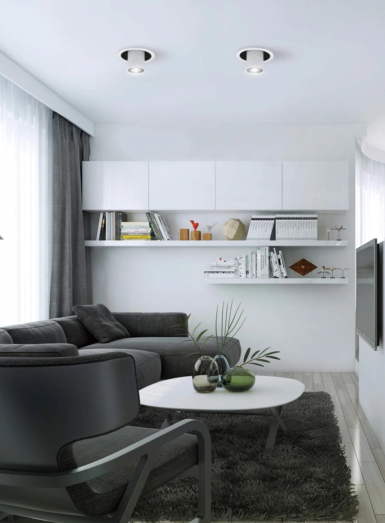 Living room with recessed ceiling lights and open shelving